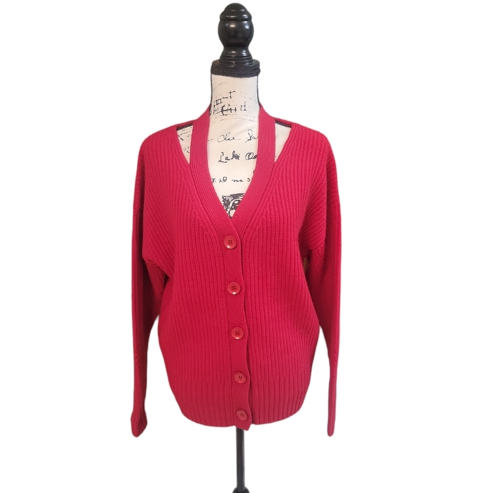Per Se By Carlisle Designer Luxury Lambswool Red Womens Cardigan Size Large